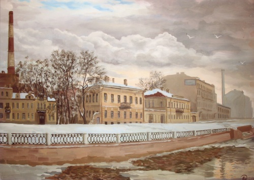 Пейзаж маслом Синопской набережной в Петербурге