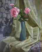 Натюрморт маслом с розой на каменной ступеньке.