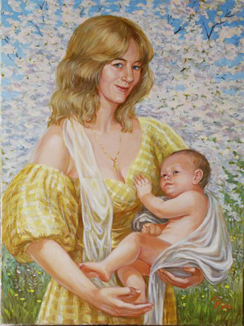 Портрет матери с ребенком в цветущем саду